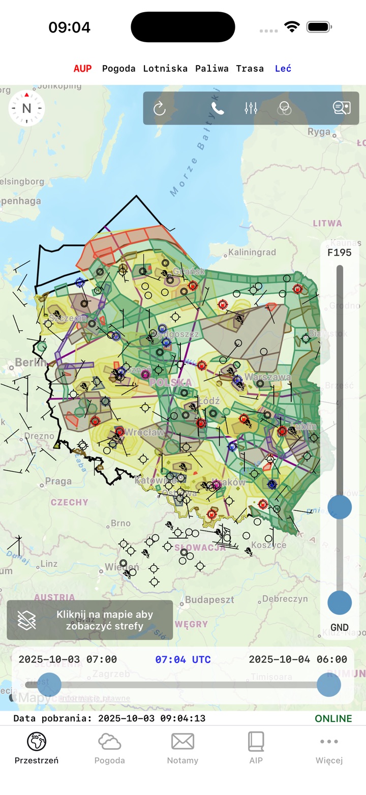 Mapa polskiej przestrzeni powietrznej z suwakami wysokości i czasu