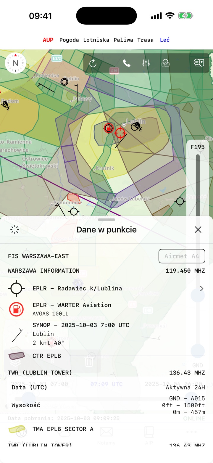 Karta „Dane w punkcie” z FIS, lotniskiem, stacją paliw i strefami